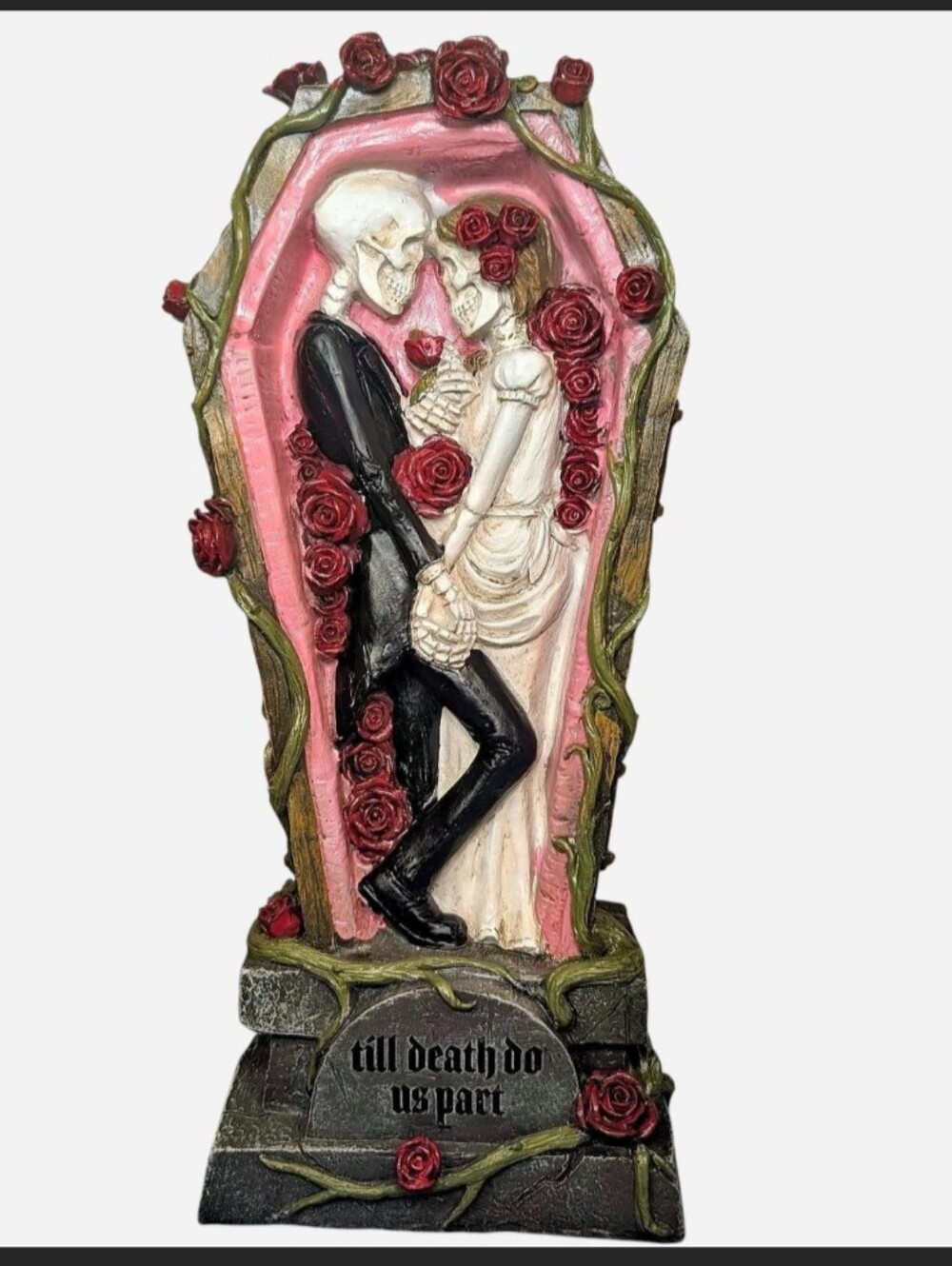 Till Death Do Us Part Skeleton Couple Tombstone Sculpture - Pink & Black - Picture 1 of 6